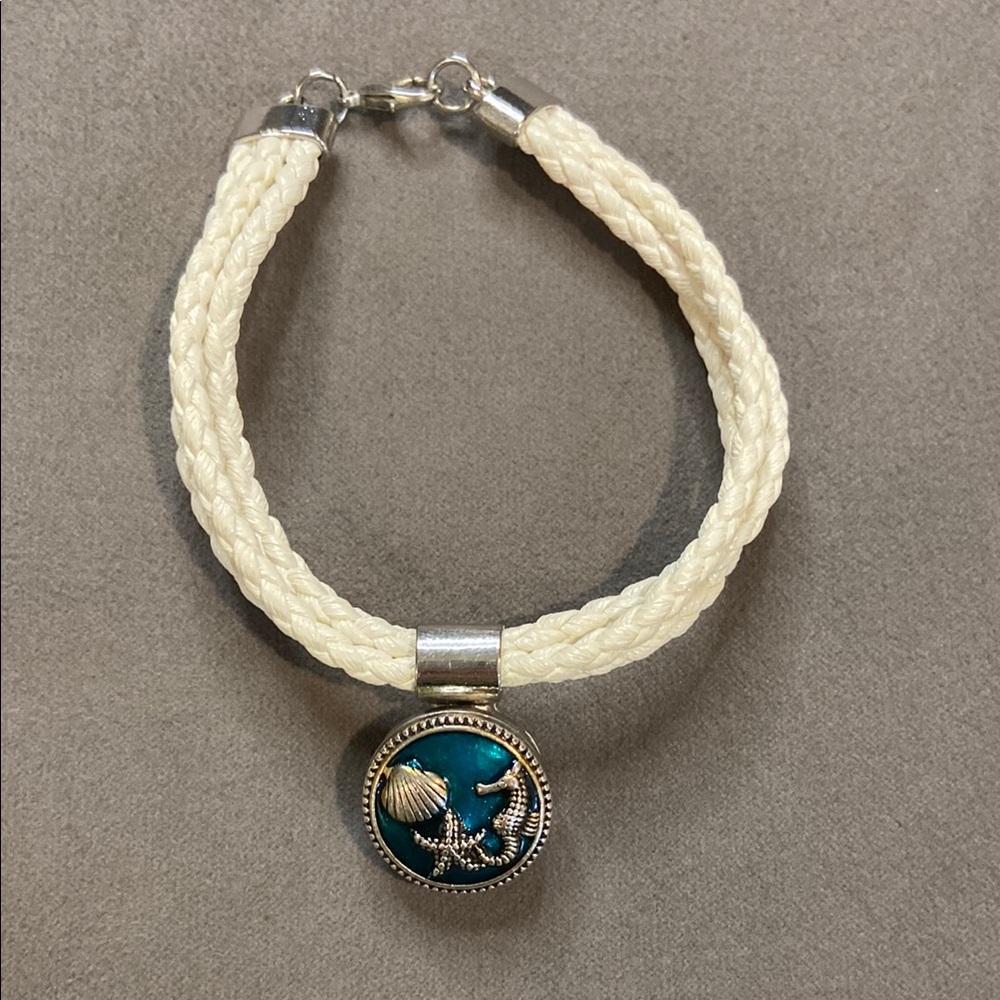Braided Cream Bracelet with Silver and Blue Shell Charm